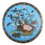 Cloisonné-Teller China, um 1900, Messing/Cloisonné, detailreiches Dekor mit Blütenkorb, Früchten