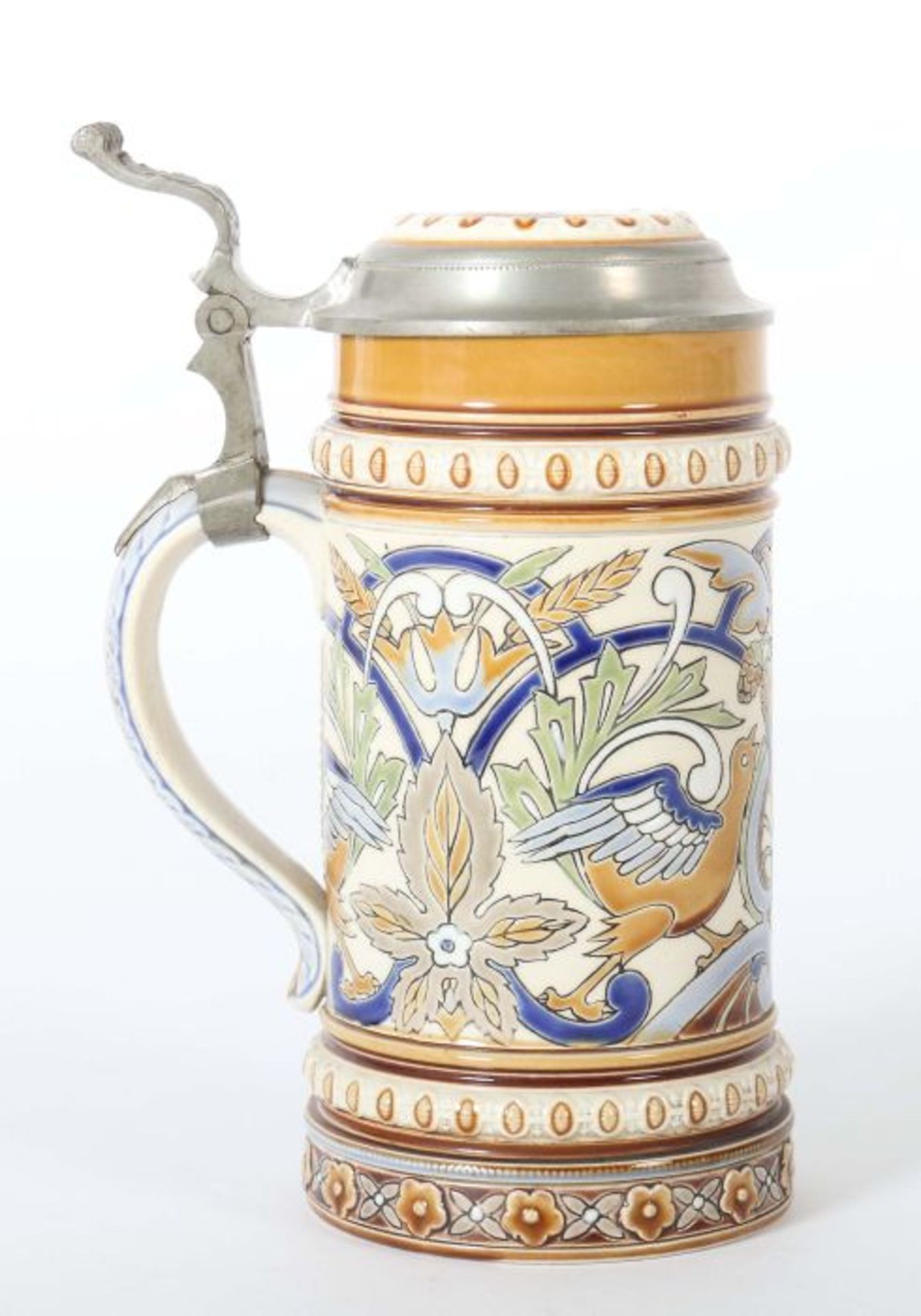 Bierkrug mit Zinndeckel Villeroy & Boch, Mettlach, 1890, beigefarbenes Steinzeug, die Wandung - Bild 2 aus 3