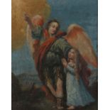 Maler des 19. Jh. "Schutzengel mit Kind", Darstellung des beflügelten Wesens das Mädchen