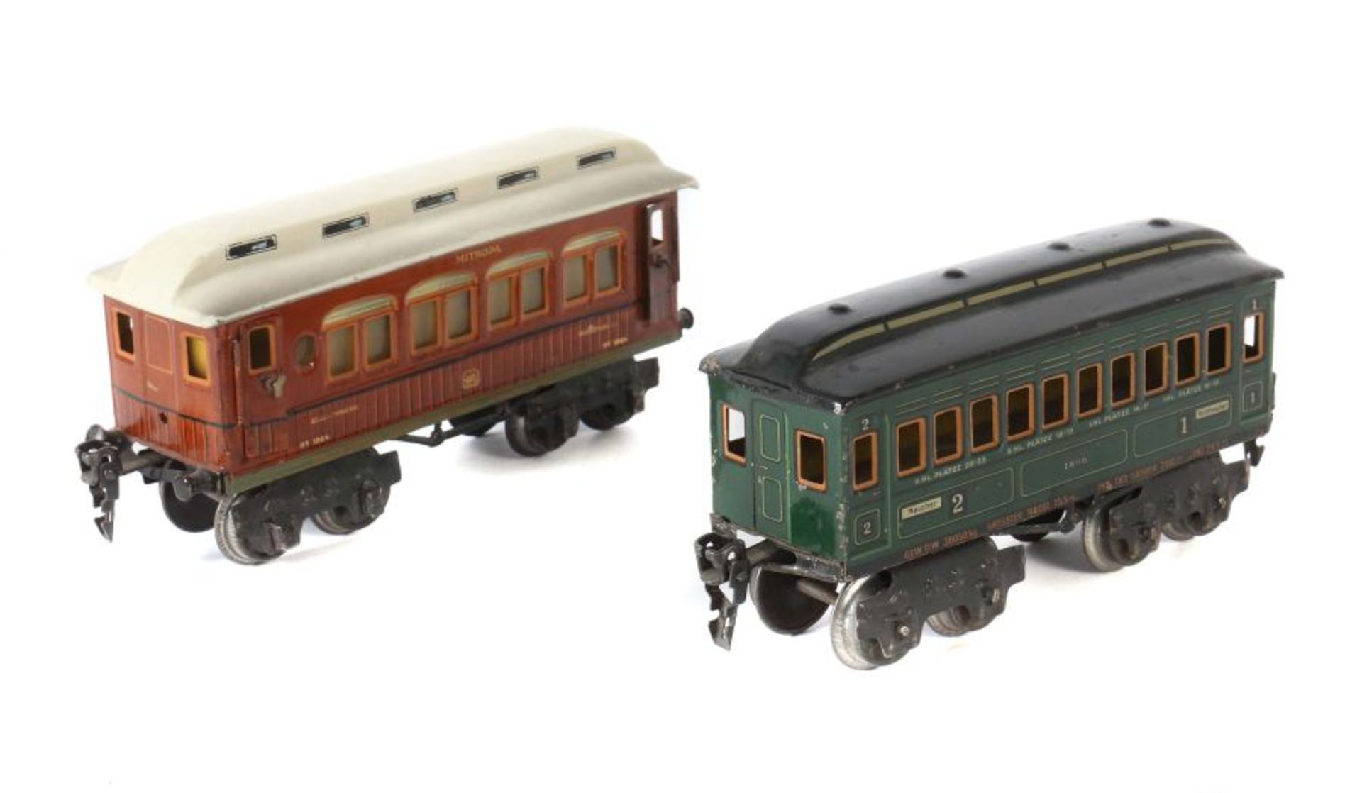 2 Personenwagen Märklin, Spur 0, 1 x Schlafwagen "MITROPA" 1894, BZ 1925, Teakholzoptik,