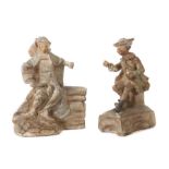 Bildschnitzer des 18./19. Jh. Zwei Figuren: "Dame auf der Bank sitzend" und "Angler", Holz