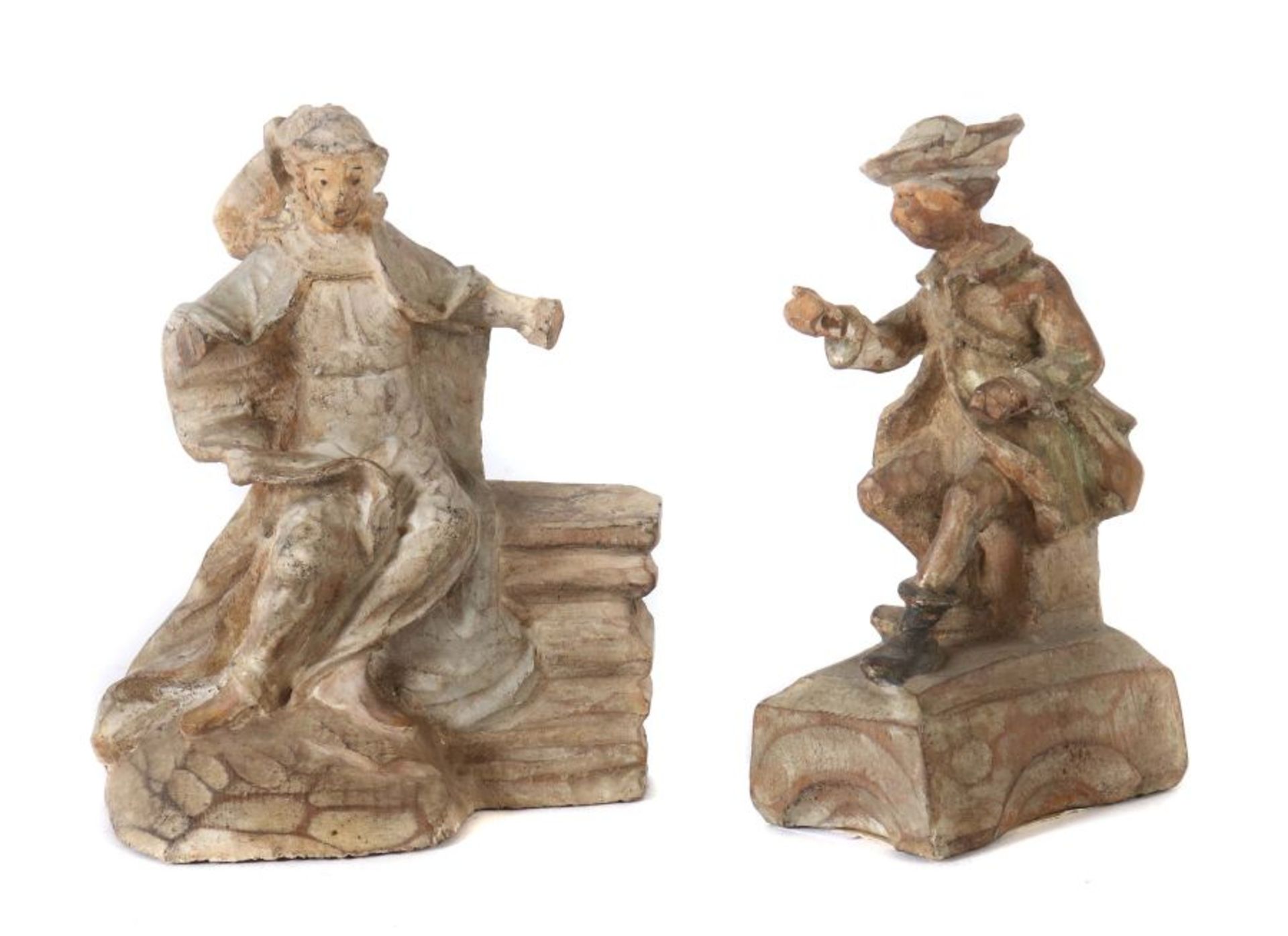 Bildschnitzer des 18./19. Jh. Zwei Figuren: "Dame auf der Bank sitzend" und "Angler", Holz