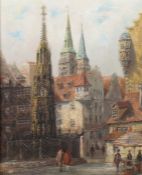 Maler des 20. Jh. "Schöner Brunnen in Nürnberg", Blick mit St. Sebald im Hintergrund und