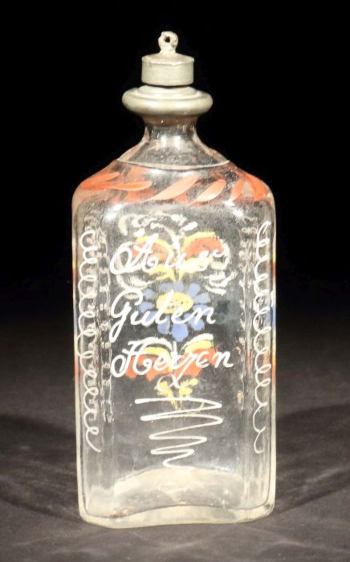 Schnapsflasche mit Zinnschraubverschluss Süddeutschland, 18. Jh., leicht graustichiges Glas mit - Bild 2 aus 2