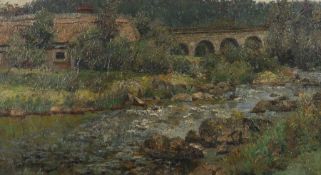 Landschaftsmaler des 19./20. Jh. "Flusslauf mit Steinbrücke", stilisierte Landschaftsdarstellung im