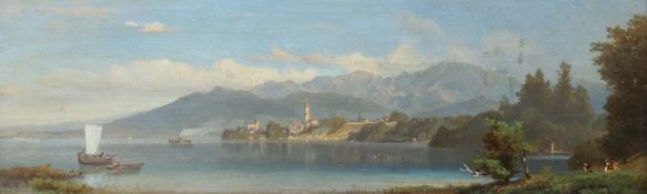 Maler des 19./20. Jh. "Seelandschaft in den Bergen", Blick auf das Gewässer mit kleinen Booten, am