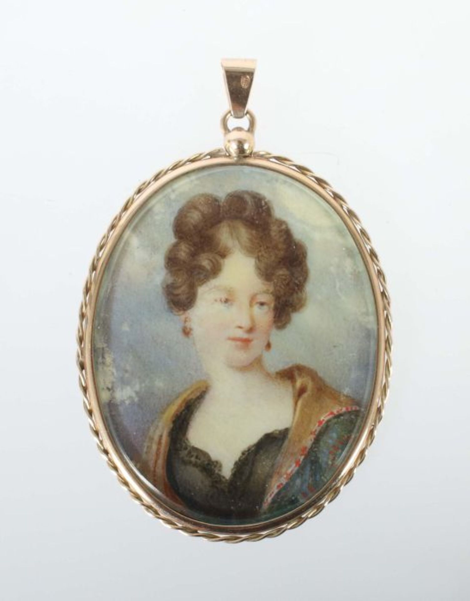 Miniaturmalerei als Anhänger um 1900, Gelbgold 585, hochovales Portrait einer Dame im dreiviertel-