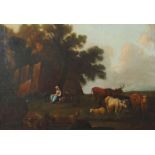 Maler des 18. Jh. "Hirten bei der Rast", mit der Herde in idylischer Landschaft vor einer Burgruine