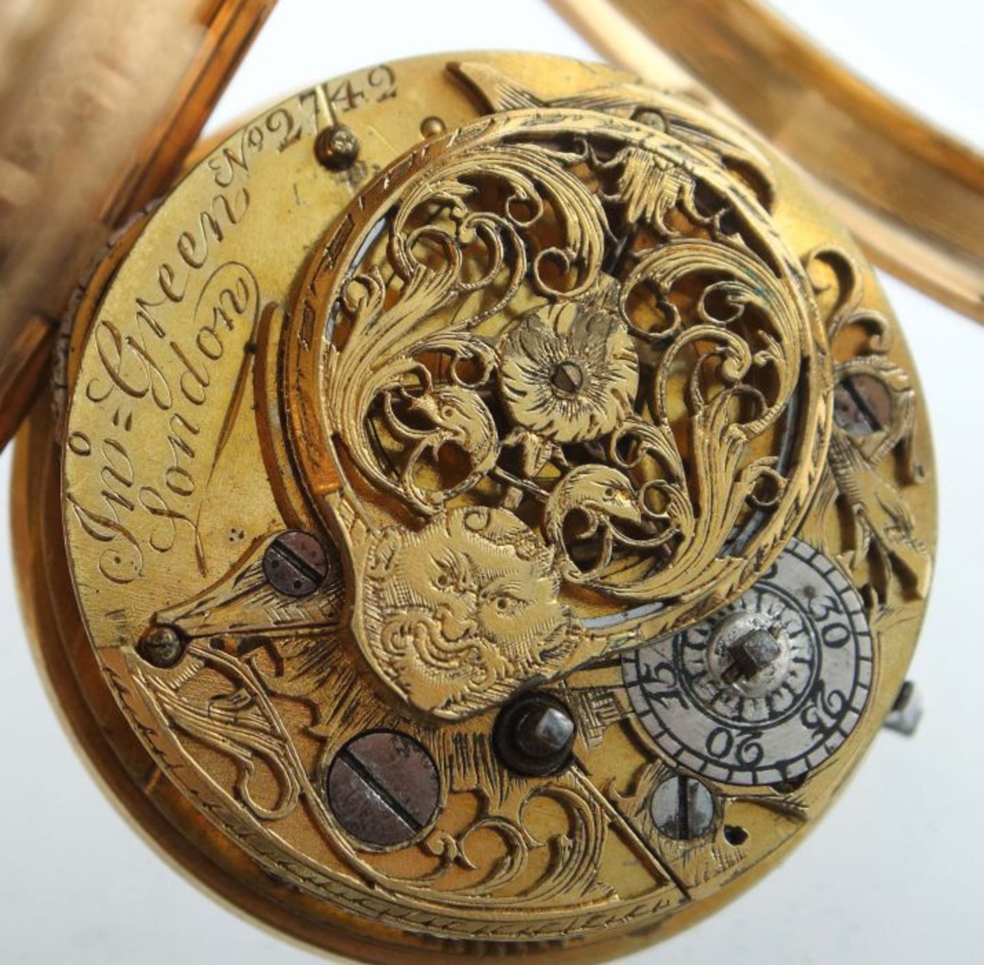 Spindeltaschenuhr London, John Green (tätig ab 1712), um 1767, Gelbgold, das Gehäuse verziert mit - Bild 5 aus 8