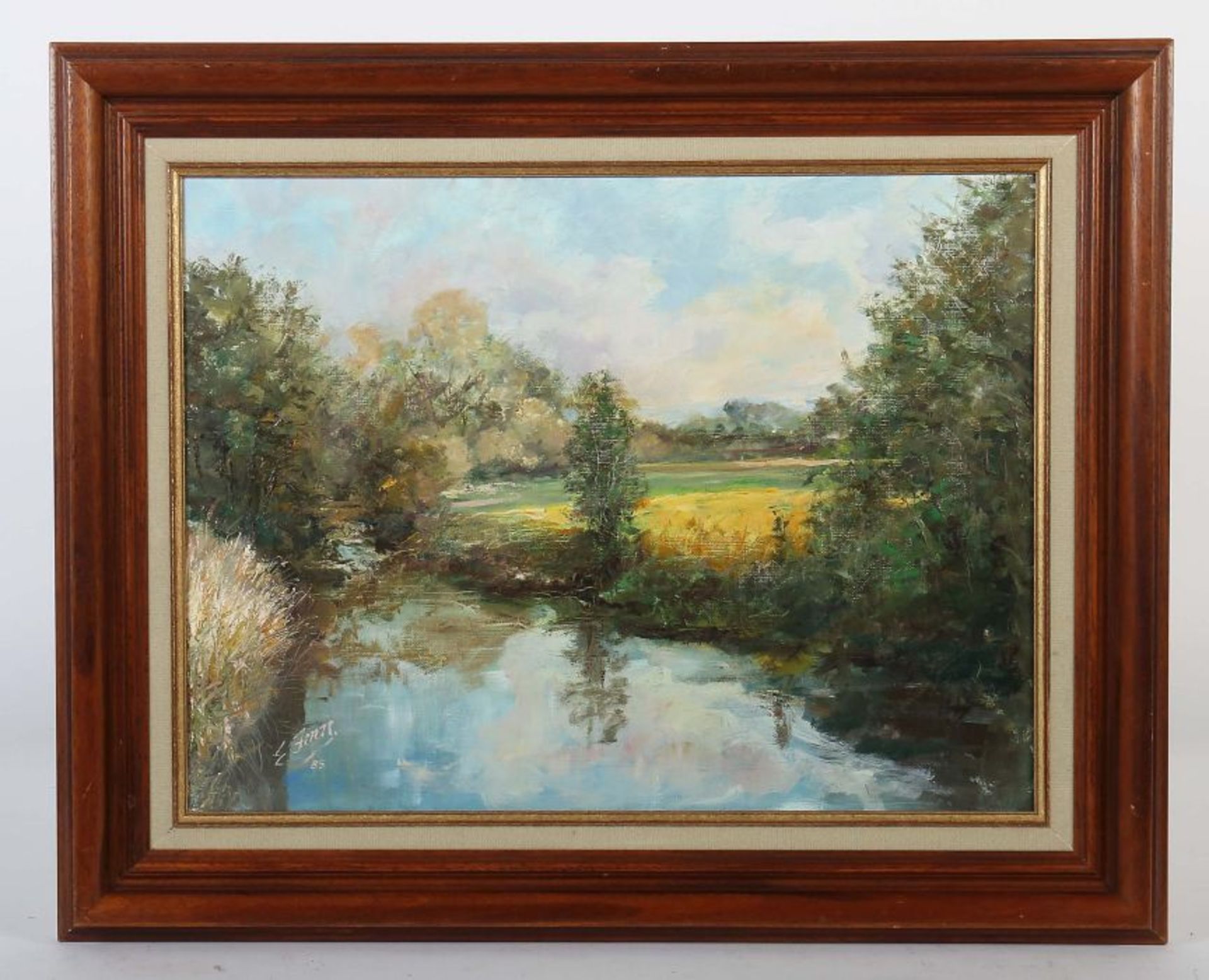 Maler des 20. Jh. "Sommerlicher Flusslauf" mit Bäumen und Gebüsch, dahinter Wiesen und Wald, unten - Bild 2 aus 4