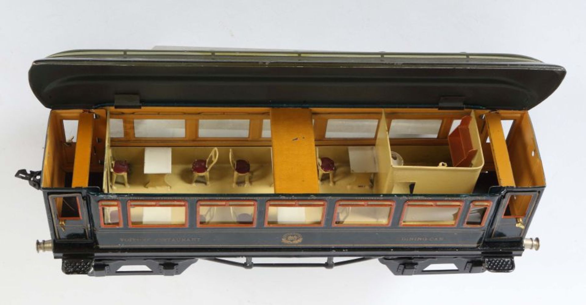 Speisewagen Märklin, Spur 1, 1746 G, BZ 1930-1937, blau, mit Inneneinrichtung, L: 33 cm. Ohne - Bild 3 aus 4