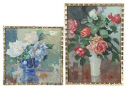 Maler des 19./20. Jh. 2x Blumenstillleben, "Rote Rosen in einer Vase" und "Weiße Rosen in einer