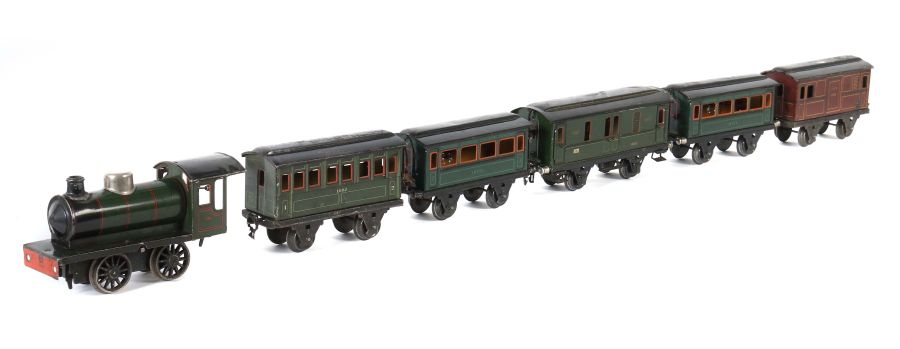 1 Lok, 5 Wagen Märklin, Spur 1, 1 x Dampflok 981, BZ 1925-31, grün/schwarz HL, Uhrwerkantrieb,