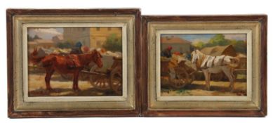 Ungarischer Maler des 20. Jh. "Paar Marktszenen", mit Pferdekarren und Händlerinnen vor