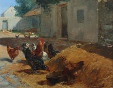 Maler des 20. Jh. "Hühner im Hof", Darstellung der freilaufenden Vögel mit der Architektur im