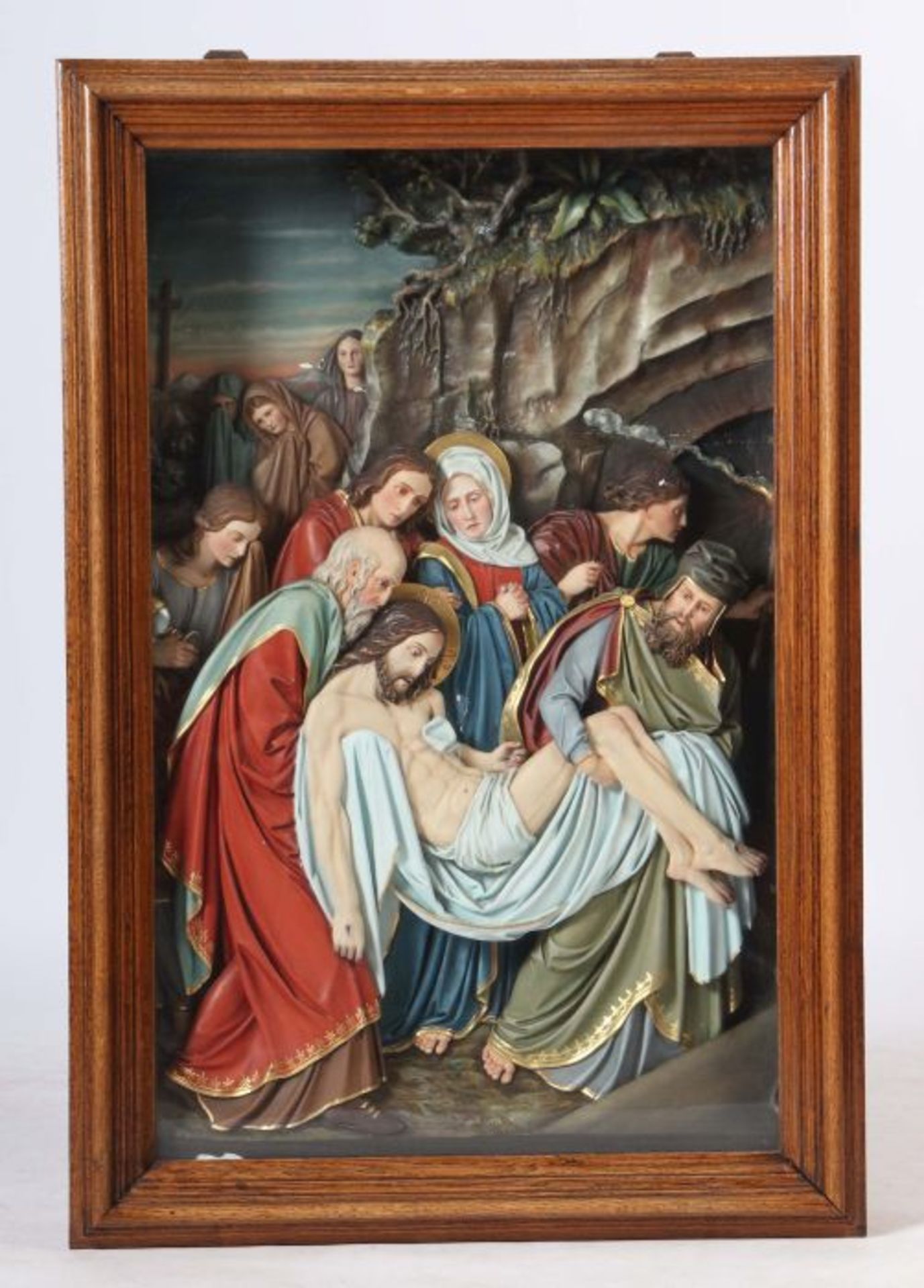 Grablegung Christi 20. Jh. Gipsguss, farbig gefasst, reliefierte Darstellung der 14. Station des - Bild 2 aus 4