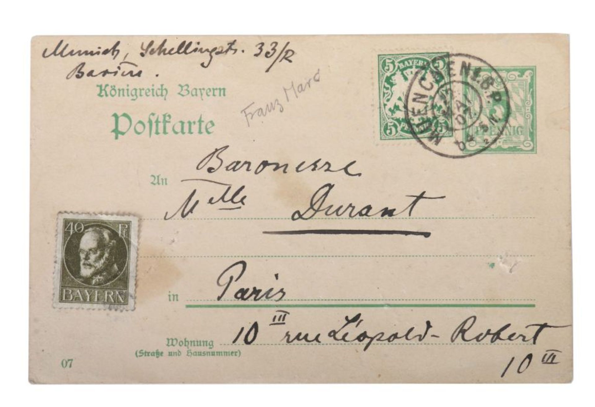 Postkarte Franz Marc Eigenhändige Postkarte mit Unterschrift, München, 21.V.(19)07, mit Briefmarke