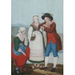 Maler des 19. Jh. "Bei der Rast", Gruppe von zwei Frauen in alpenländischer Tracht und einem Mann