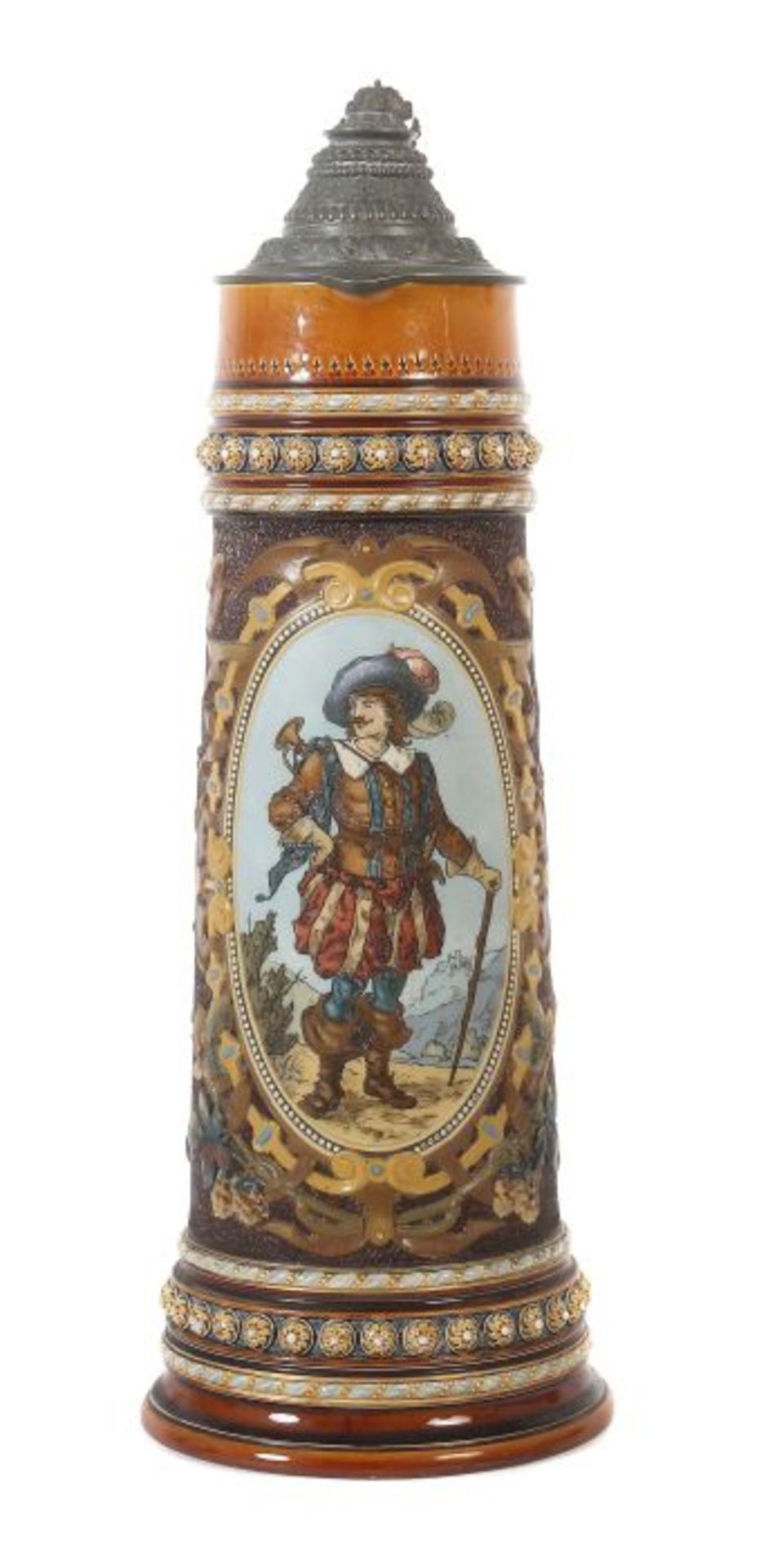 Großer Deckelhumpen "Trompeter von Säckingen" Villeroy & Boch, Mettlach, 1885, helles Steinzeug,