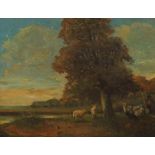 Maler des 19. Jh. "Schäfer mit seiner Herde", bei einem Fluss rastend, in herbstlicher Atmosphäre,