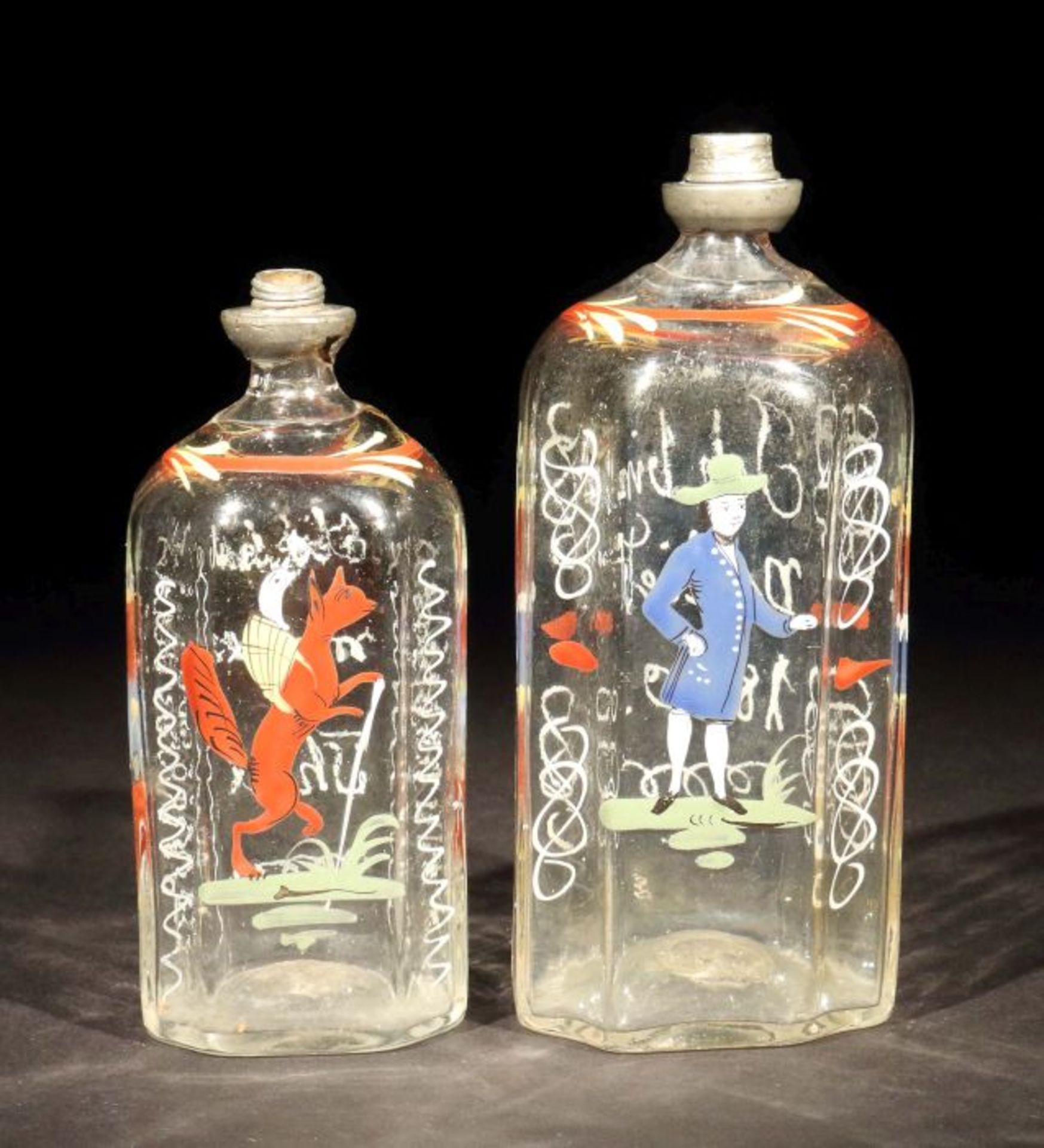 Zwei Schnapsflaschen Süddeutsch oder alpenländisch, eine Flasche dat. 1820 bzw. 19. Jh., farbloses