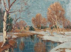 Maler des 20. Jh. "Winterlandschaft mit Birken", stilisierte Darstellung mit Teich und Bäumen,