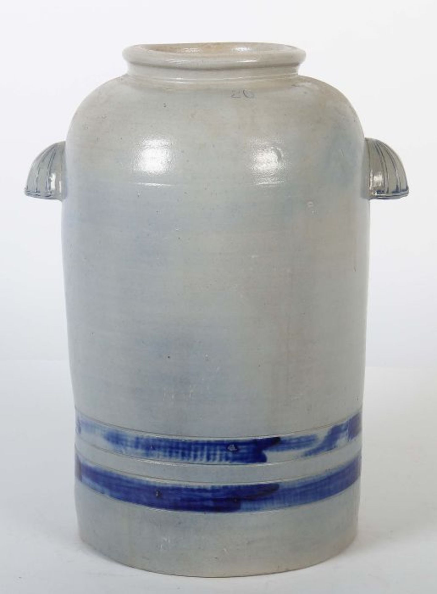 Großer Essigtopf beiger Scherben salzglasiert und blau bemalt, zylindrischer Korpus mit - Bild 2 aus 2