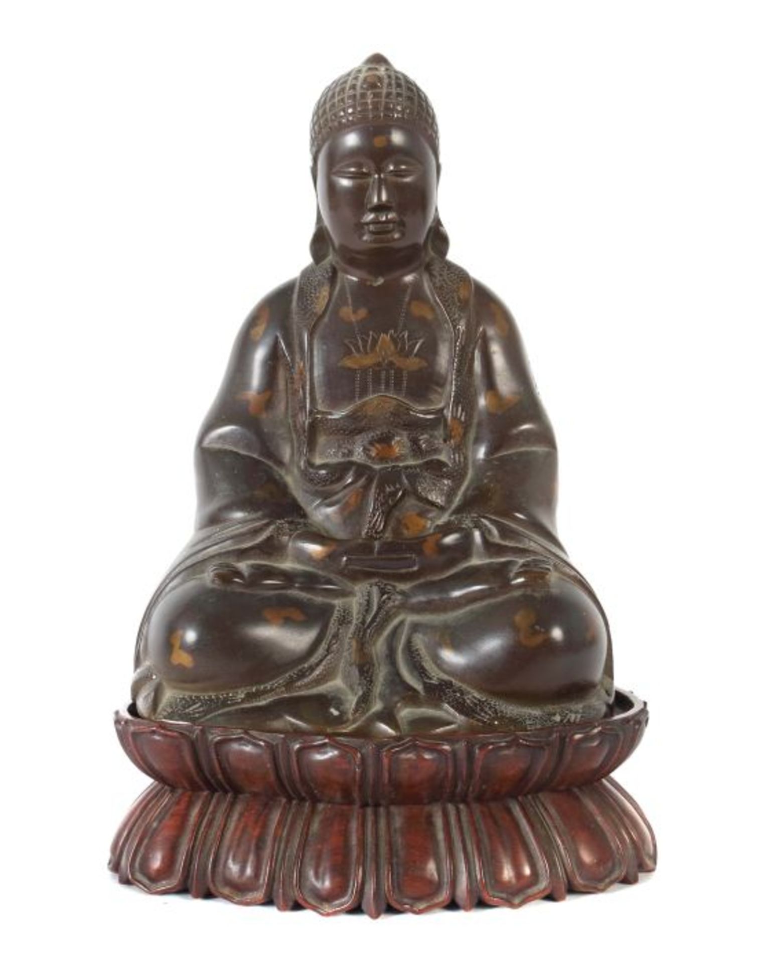 Buddha Shakyamuni China, wohl späte Qing-Dynastie/Ende 19. Jh., Bronze/patiniert mit "Gold splash-