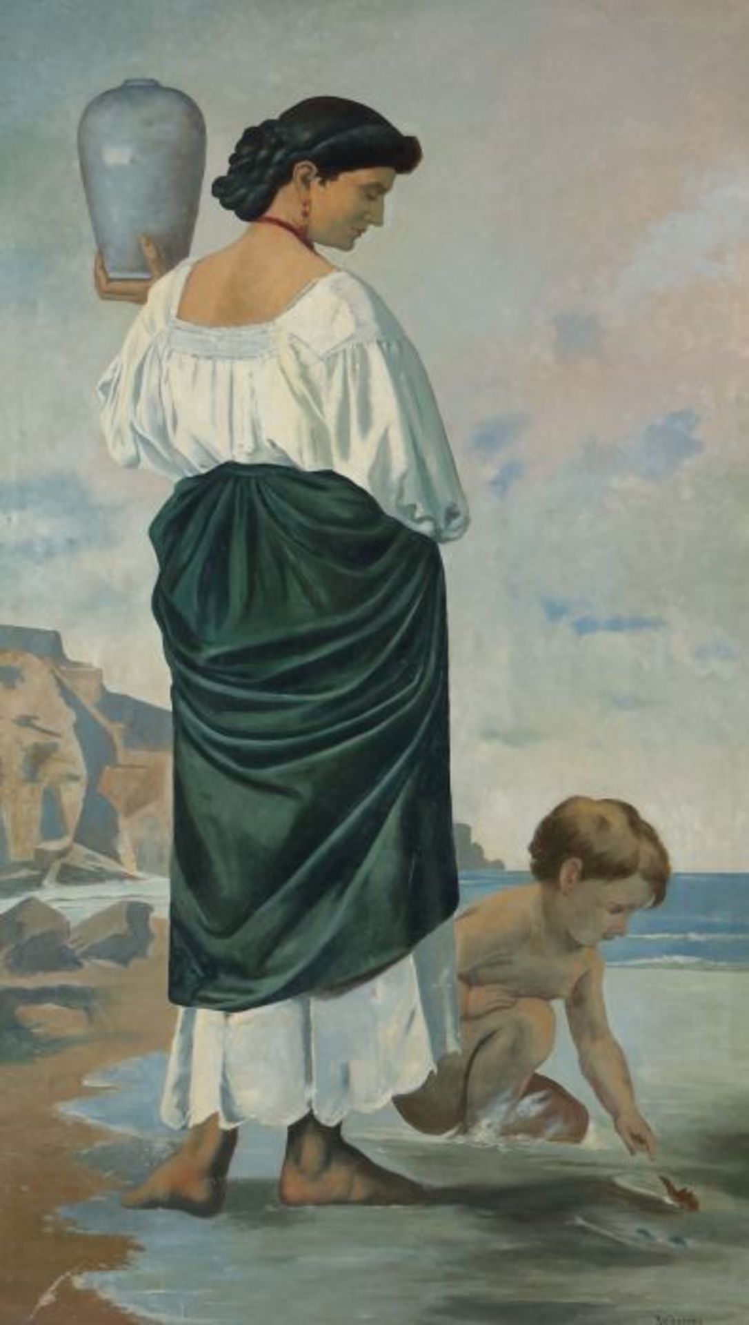 Maler des 20. Jh. "Am Strand", junge Frau, ein Gefäß in der Hand haltend, in der Brandung neben