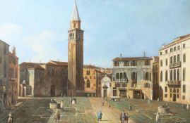 Maler 2. H. 20. Jh. "Italienischer Marktplatz" mit Figurenstaffage, Stadtansicht im Stil des 17.