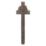 Reliquienkreuz 19. Jh., Holz geschnitzt und braun gebeizt, Kruzifix mit dem Gottvater und der