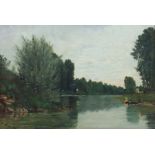 Daubigny, Charles Francois Paris 1817 - 1878, französischer Maler, "Flusslauf", mit Bäumen und