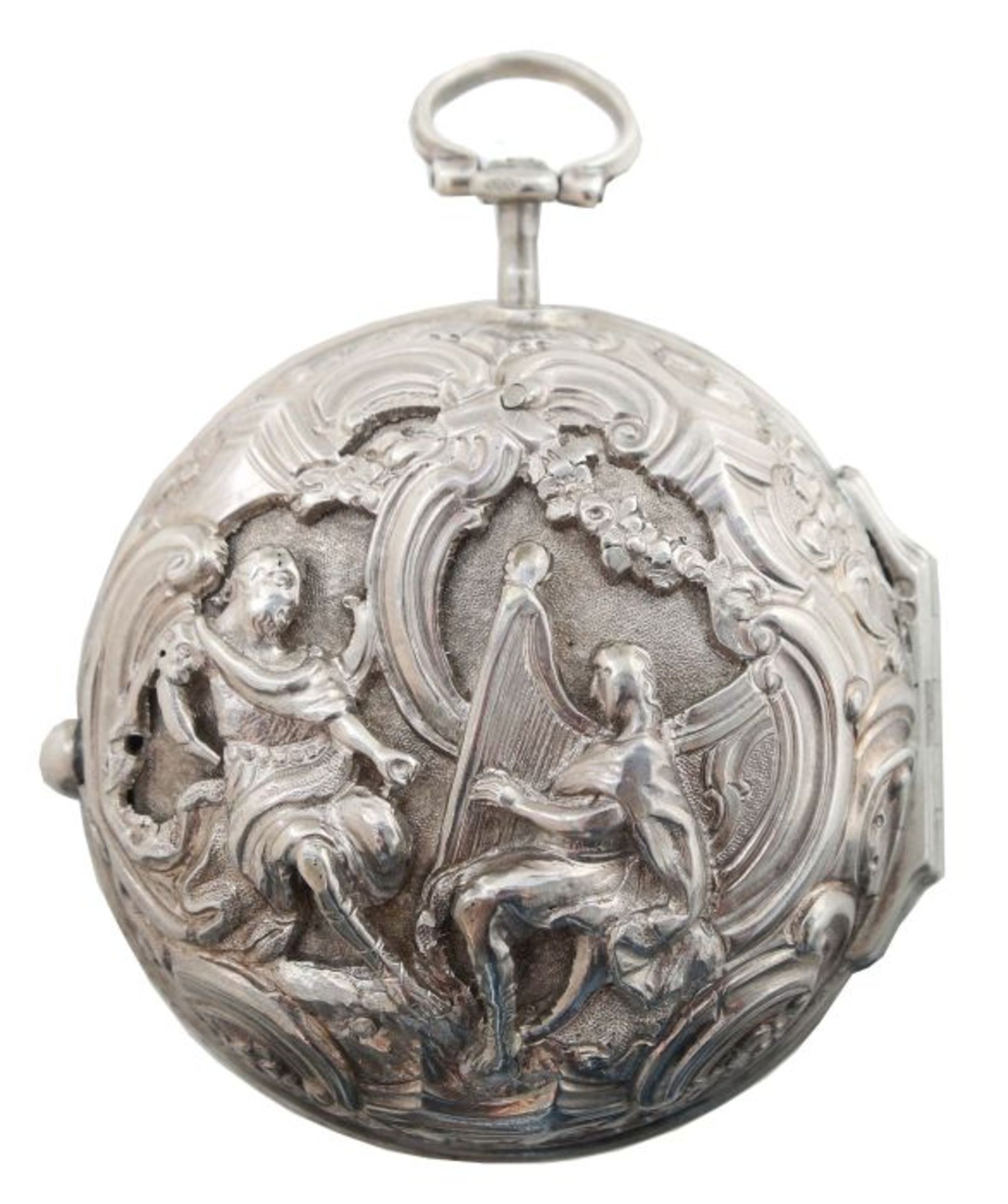 Spindeltaschenuhr mit Repoussé-Doppelgehäuse London, Georges May, um 1769, Silber, weißes - Bild 2 aus 10