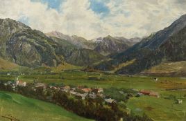 Widmayer, Paul 1856 - ?, deutscher Maler. "Sommerliche Berglandschaft", Blick in das Tal mit