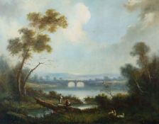 Puig, A. Maler des 20. Jh.. "Bei der Rast", Ideallandschaft mit Flusslauf, auf einem Baumstamm am