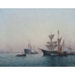 Maler des 19. Jh. "Schiffe im Hafen", an einem ruhigen Sommertag, unten rechts undeutl. sign., Öl/