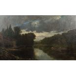 Französischer Maler des 19. Jh. Schule von Barbizon. "Flusslauf mit Lastkahn", Blick auf die