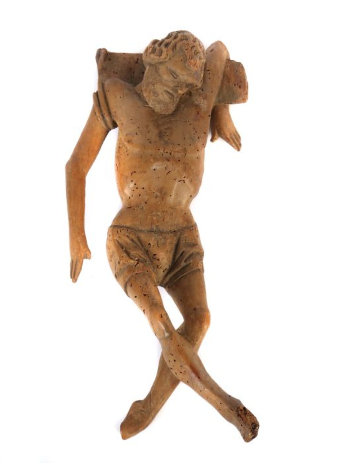 Bildschnitzer des 17. Jh. "Gestas", Holz geschnitzt, dreiviertelplastische Figur des Schächers aus