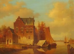 Meilof, Ron Maler des 20. Jh.. "Holländische Landschaft", Darstellung des Flussufers mit einem Haus