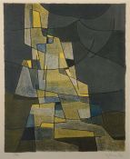 Grafiker des 20. Jh. "Ohne Titel", konstruktivistische Komposition in Gelb, Grau und Blau, unten