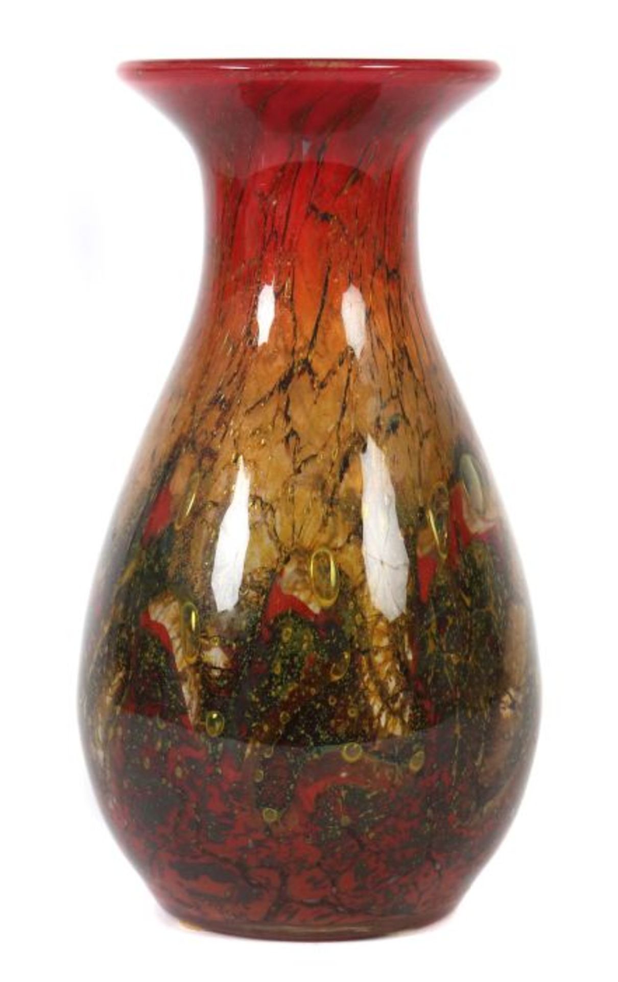 Ikora-Vase WMF, Geislingen, 1930er Jahre, farbloses Glas, gelbes und rotes Zwischenschichtdekor mit