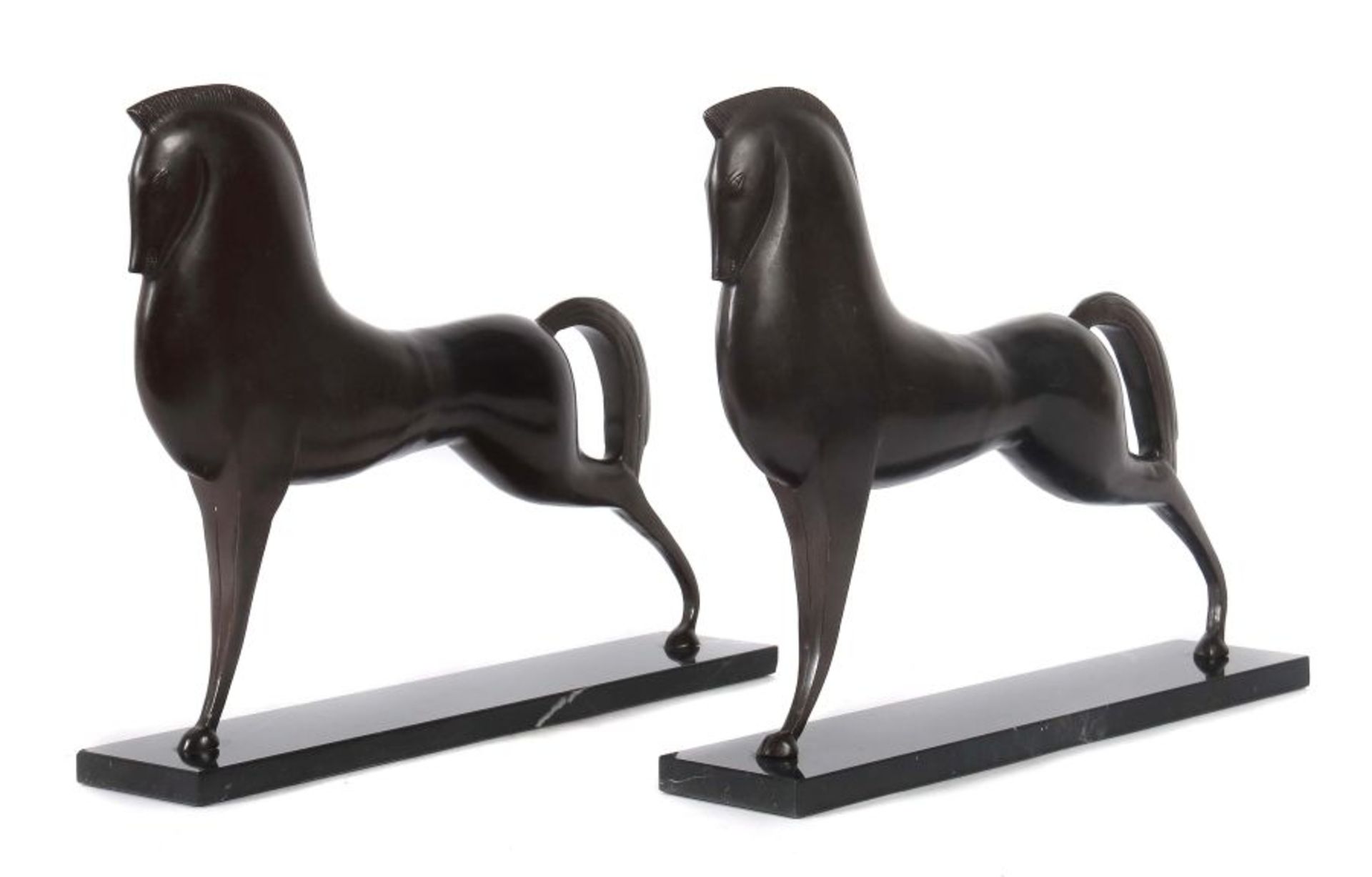 Capon Bildhauer des 20. Jh.. 2x "Pferd", Metallguss, bronziert, vollplastische, stilisierte