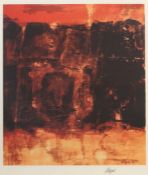 Maler des 20. Jh. "Abstrakte Komposition in Rot", in Platte undeutl. sign. und dat. (19)65 sowie