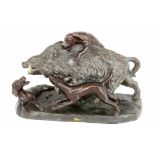 ''A HUNTING GROUP Erfurt, circa 1900 A wild boar being attacked by 2 dogs. Bronzed ceramic.