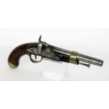 ''A FRENCH PERCUSSION PISTOL circa 1825 Round iron barrel, walnut stock with brass