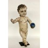 JESUS WITH GLOBE 17th/18th century Carved wood and painted in colour. 44 cm high.