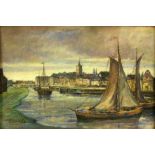 ''DYCK, A. VAN 20th century Port city with fishing boats. Mixed technique, signed. 33 x 48