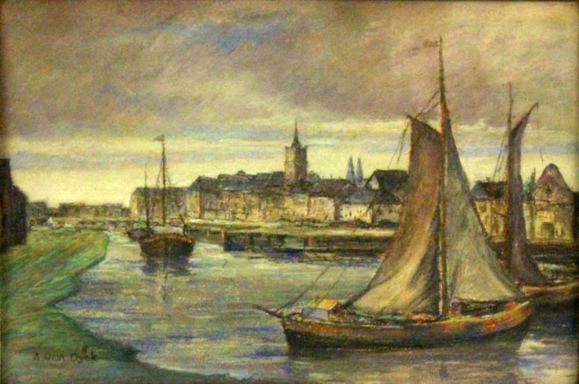 ''DYCK, A. VAN 20th century Port city with fishing boats. Mixed technique, signed. 33 x 48