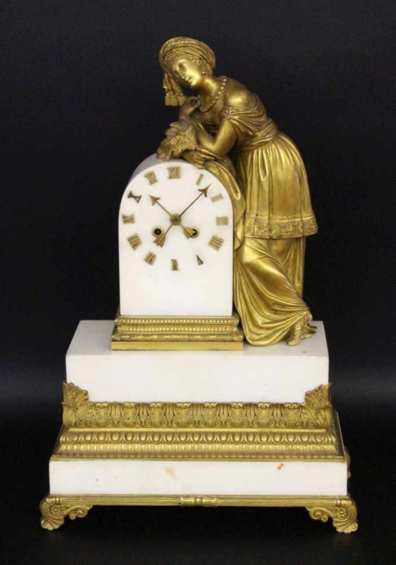 AN EMPIRE PENDULUM CLOCK Paris circa 1827 White marble case with fully sculptural Oriental