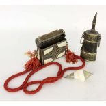 ''FOR ORIENTAL RIDERS. A powder flask, powder bag and shell pendant. Old.Keywords: